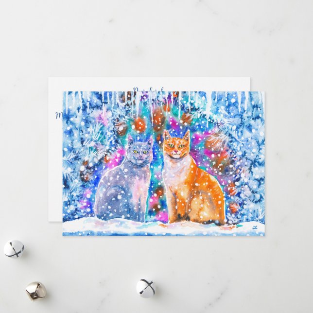 Cartes Pour Fêtes Annuelles Noël aux chats d'hiver (Devant/Arrière en situation)