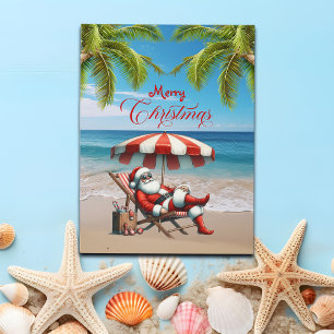 Cartes Pour Fêtes Annuelles Noël avec le Père Noël sous un parasol de plage