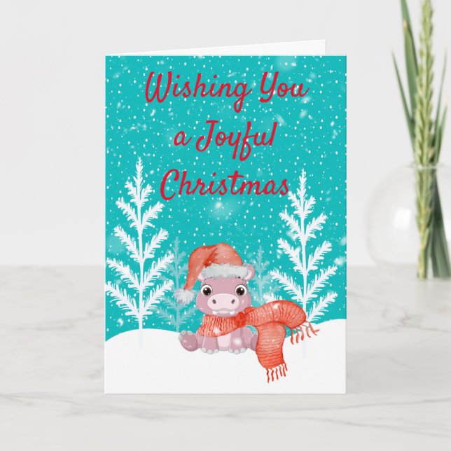 Cartes Pour Fêtes Annuelles Noël avec un joli hippo dans la neige (Devant)