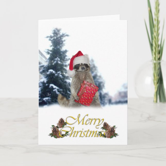 Cartes Pour Fêtes Annuelles Noël Bandit Raccoon avec présent (Devant)