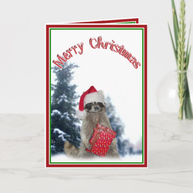 Cartes Pour Fêtes Annuelles Noël Bandit Raccoon avec présent (Devant)