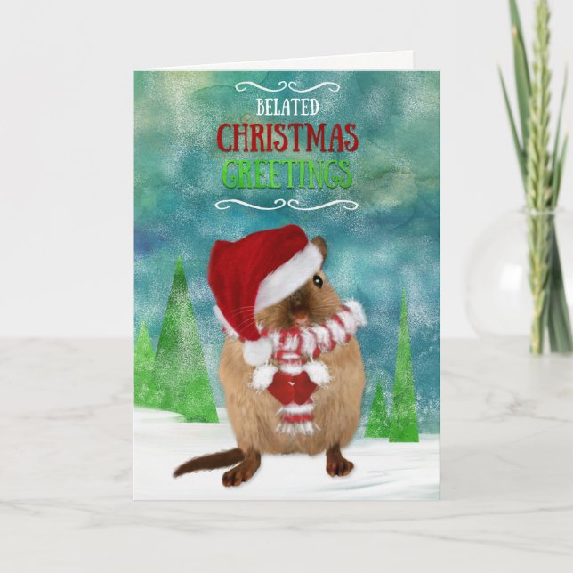 Cartes Pour Fêtes Annuelles Noël Belated Gerbil Santa Hat dans la scène d'hive (Devant)