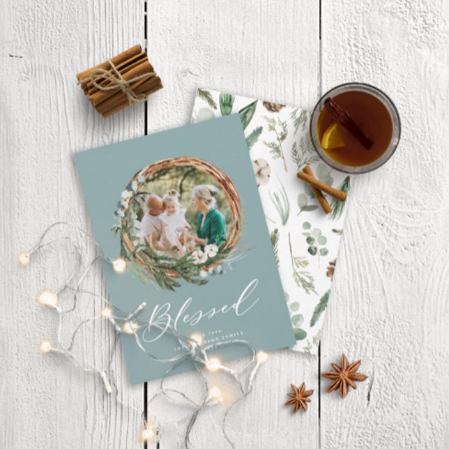 Cartes Pour Fêtes Annuelles Noël béni botanique poussiéreux bleu 1 photo (Créateur téléchargé)