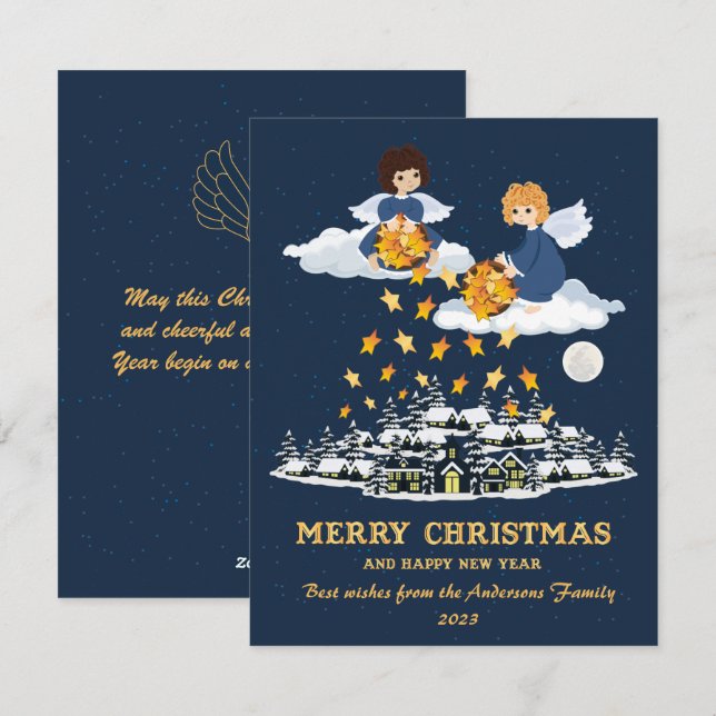 Cartes Pour Fêtes Annuelles Noël bleu or mignon petits anges (Devant / Derrière)