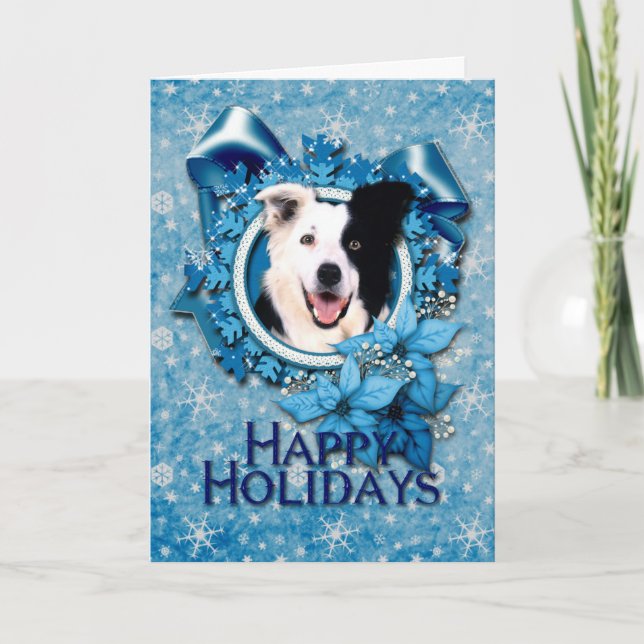 Cartes Pour Fêtes Annuelles Noël - Blue Snowflakes - Bordure Collie (Devant)