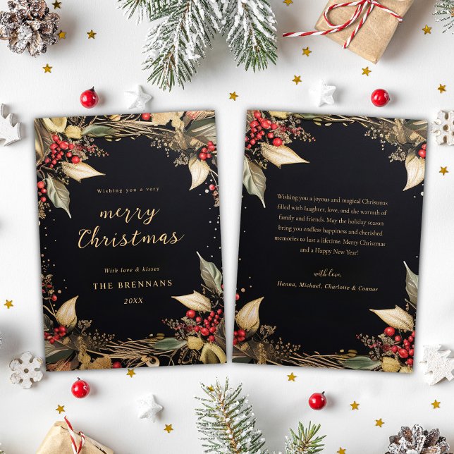Cartes Pour Fêtes Annuelles Noël Botanique Noir Et Or Élégant (Christmas Botanical Black And Gold Elegant Holiday Card)