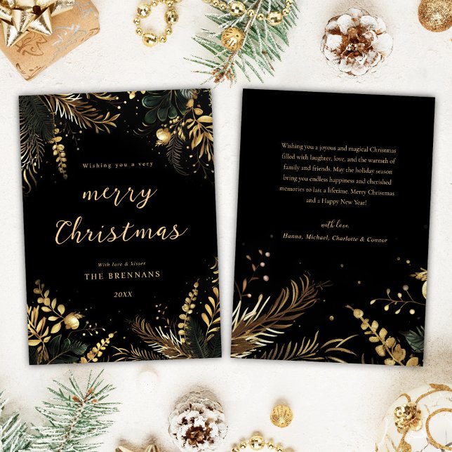 Cartes Pour Fêtes Annuelles Noël Botanique Noir Or Moderne Élégant (Christmas Botanical Black Gold Modern Elegant Holiday Card)