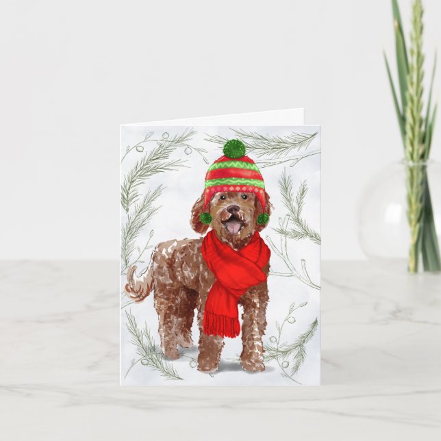 Cartes Pour Fêtes Annuelles Noël Brown Labradoodé et Pins botaniques (Devant)