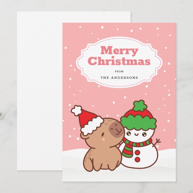 Cartes Pour Fêtes Annuelles Noël Capybara Et Snowman Mignonne (Devant / Derrière)