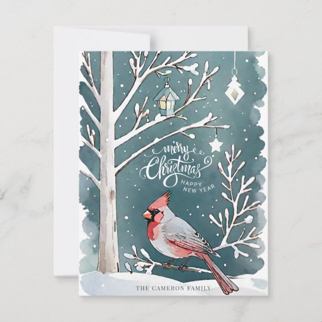 Cartes Pour Fêtes Annuelles Noël Cardinal Rouge Paysage d'hiver Plat (Devant)