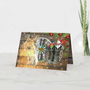 Cartes Pour Fêtes Annuelles Noël Cheval Wagon Roue Cowboy Bottes Garland H