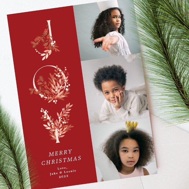 Cartes Pour Fêtes Annuelles Noël Classique Rouge Feuilleté Téméraire JOY Colla (Créateur téléchargé)