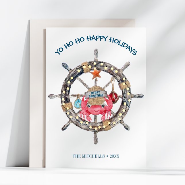 Cartes Pour Fêtes Annuelles Noël côtier | Crabe à roues du capitaine nautique (Créateur téléchargé)