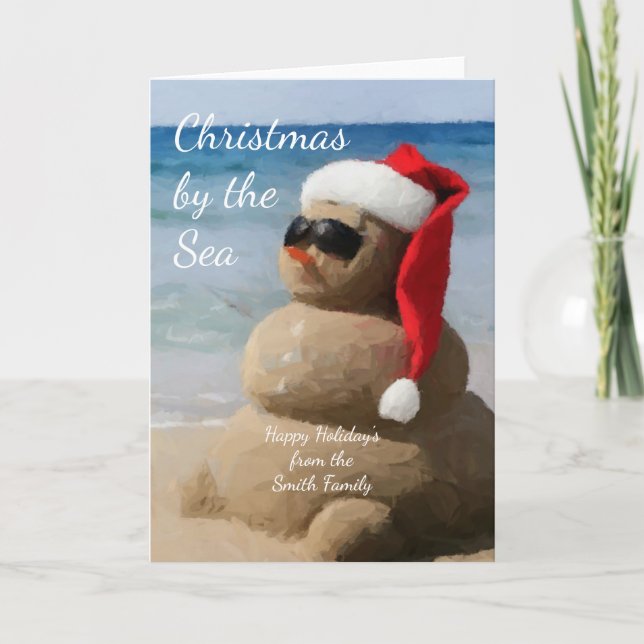 Cartes Pour Fêtes Annuelles Noël côtier Snowman sur la plage (Devant)