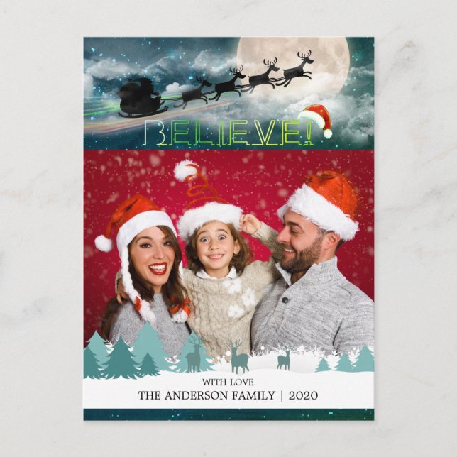 Cartes Pour Fêtes Annuelles Noël CROYER Reindeer Sleigh Santa Hat Photo (Devant)
