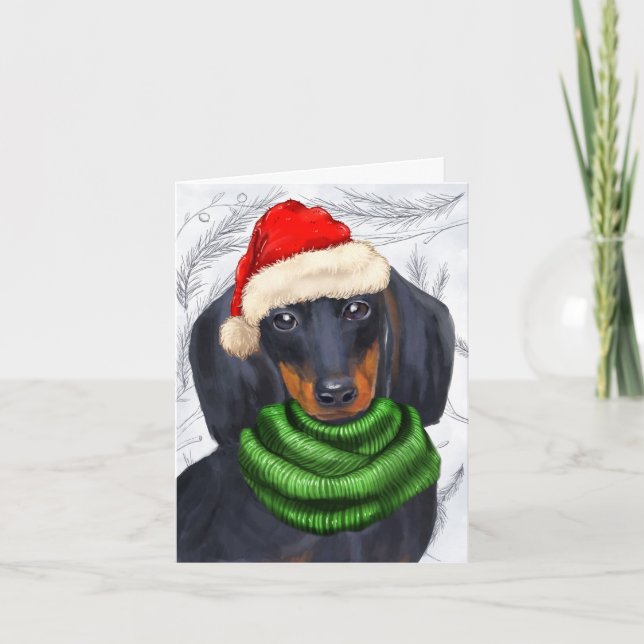 Cartes Pour Fêtes Annuelles Noël Dachshund et Pins botaniques (Devant)