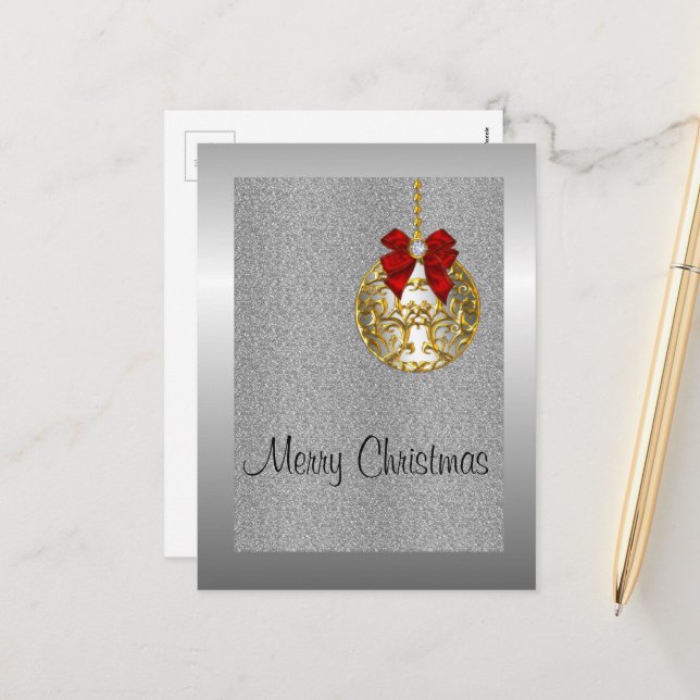Cartes Pour Fêtes Annuelles Noël d'argent, Bauble d'or (Devant/Arrière en situation)