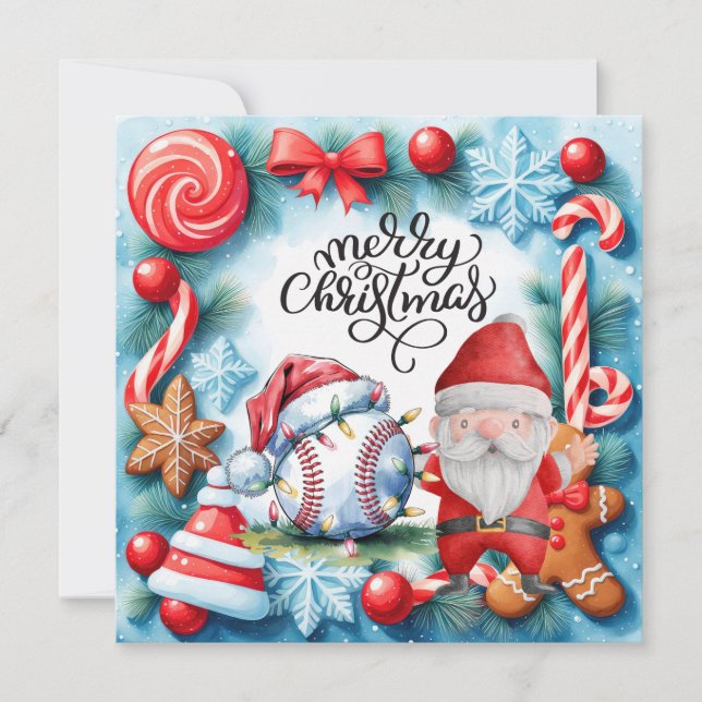 Cartes Pour Fêtes Annuelles Noël de baseball avec le Père Noël (Devant)