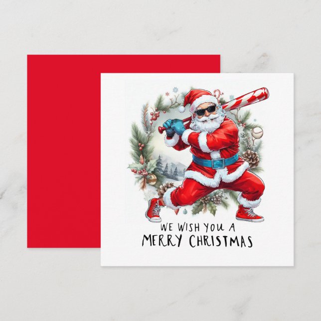 Cartes Pour Fêtes Annuelles Noël de baseball avec le Père Noël (Devant / Derrière)