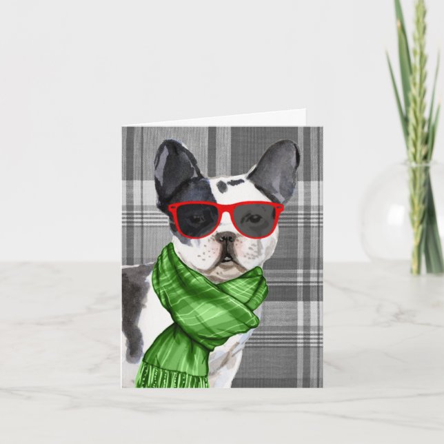 Cartes Pour Fêtes Annuelles Noël de Boston Terrier et Grey Plaid (Devant)
