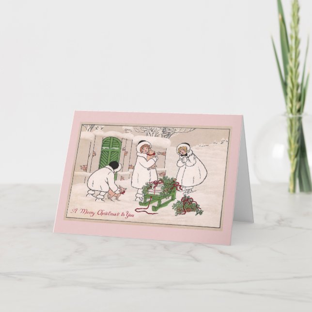 Cartes Pour Fêtes Annuelles Noël de cru de filles et de porcs d'animal (Devant)