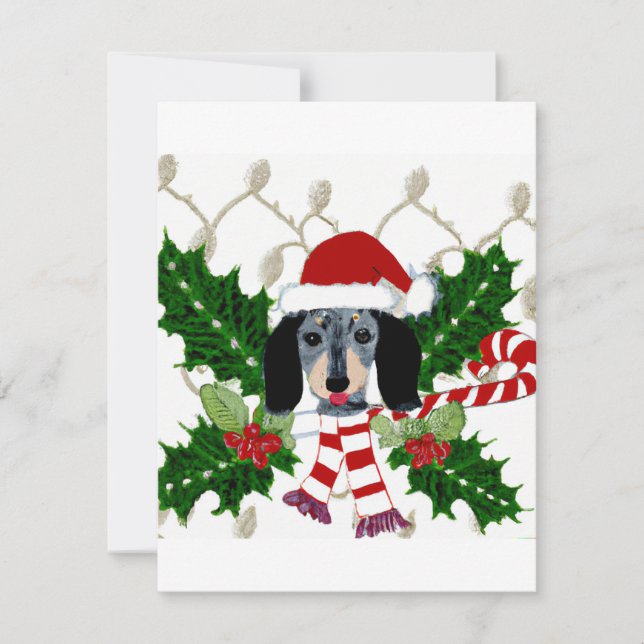 Cartes Pour Fêtes Annuelles Noël de mignonne Dachshund et Holly Wreath (Devant)