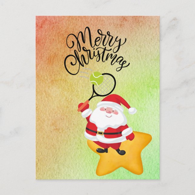 Cartes Pour Fêtes Annuelles Noël de tennis avec l'aquarelle du Père Noël (Devant)