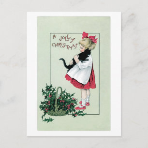 Cartes Pour Fêtes Annuelles Noël démodé, fille tenant le chat noir