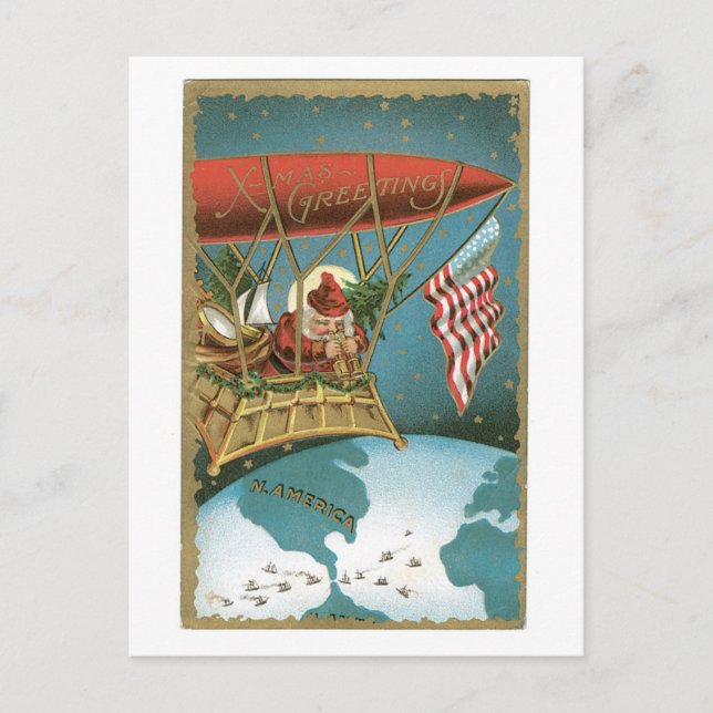Cartes Pour Fêtes Annuelles Noël démodé, Père Noël montent dans un dirigeable (Devant)