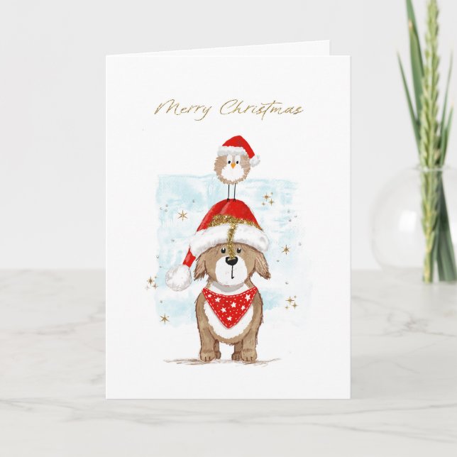 Cartes Pour Fêtes Annuelles Noël des mignons chiens et oiseaux (Devant)