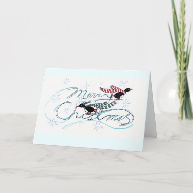 Cartes Pour Fêtes Annuelles Noël des pingouins de patinage de glace (Devant)
