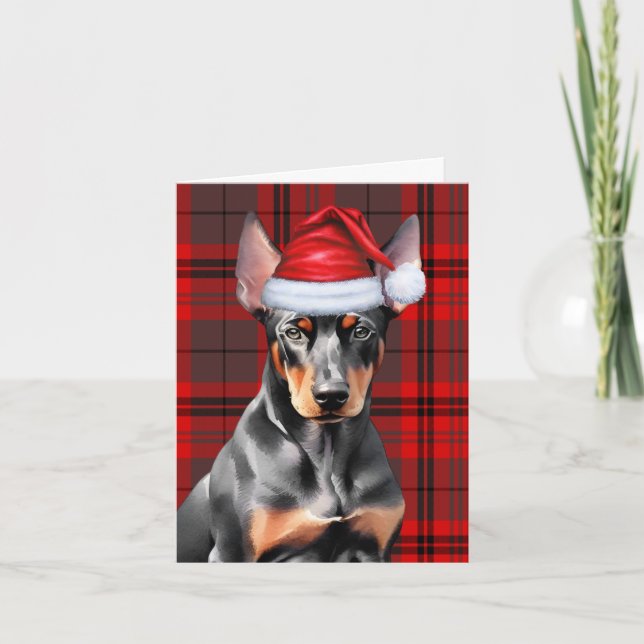 Cartes Pour Fêtes Annuelles Noël Doberman Pinscher Chien et Rouge Plaid (Devant)