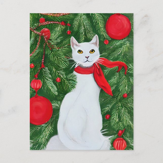 Cartes Pour Fêtes Annuelles Noël élégant de chat blanc (Devant)