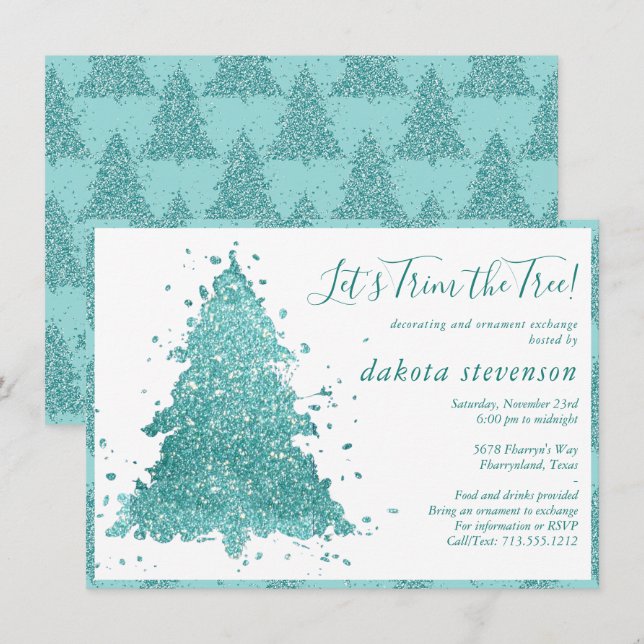 Cartes Pour Fêtes Annuelles Noël élégant | Luxe Aqua Mint Tree Trim Party (Devant / Derrière)