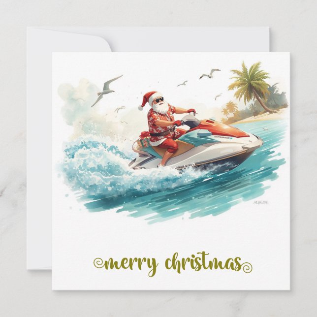 Cartes Pour Fêtes Annuelles Noël en motomarine avec le Père Noël (Devant)