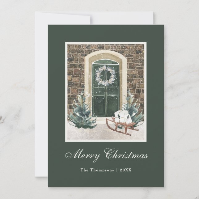 Cartes Pour Fêtes Annuelles Noël enneigé Porte Vert foncé (Devant)