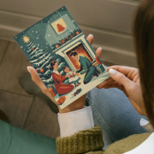 Cartes Pour Fêtes Annuelles Noël familial rétro près de la cheminée