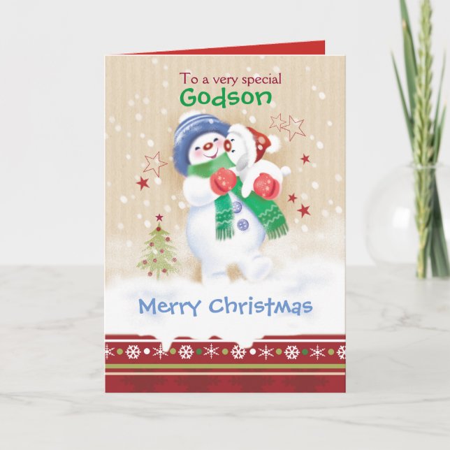 Cartes Pour Fêtes Annuelles Noël, filleul. Bonhomme de neige avec le chiot (Devant)