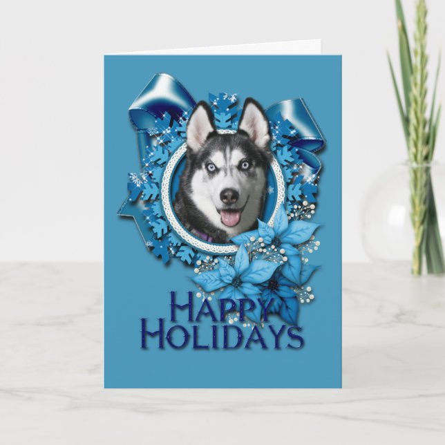 Cartes Pour Fêtes Annuelles Noël - flocons de neige bleus - chien de traîneau (Devant)