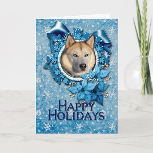 Cartes Pour Fêtes Annuelles Noël - flocons de neige bleus - chien de traîneau (Devant)