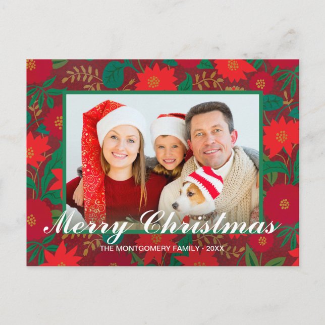 Cartes Pour Fêtes Annuelles Noël Floral Rouge Poinsettia Photo de famille (Devant)