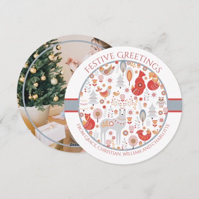Cartes Pour Fêtes Annuelles Noël Forêt nordique scandinave personnalisée (Devant / Derrière)