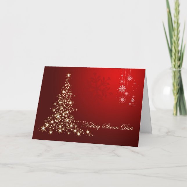 Cartes Pour Fêtes Annuelles Noël gaélique irlandais, rouge et or pétillant (Devant)