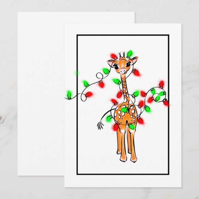 Cartes Pour Fêtes Annuelles Noël girafe vert rouge scintillant (Devant / Derrière)