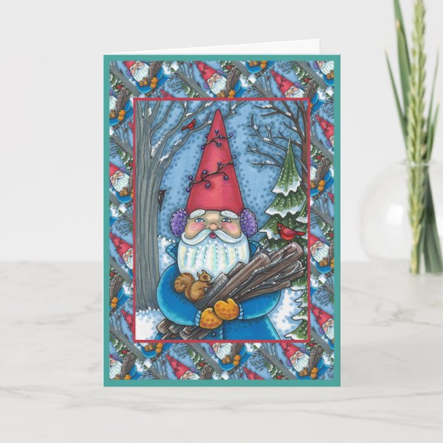 CARTES POUR FÊTES ANNUELLES NOËL GNOME, SQUIRREL, WOODPECKER & CARDINAL (Devant)
