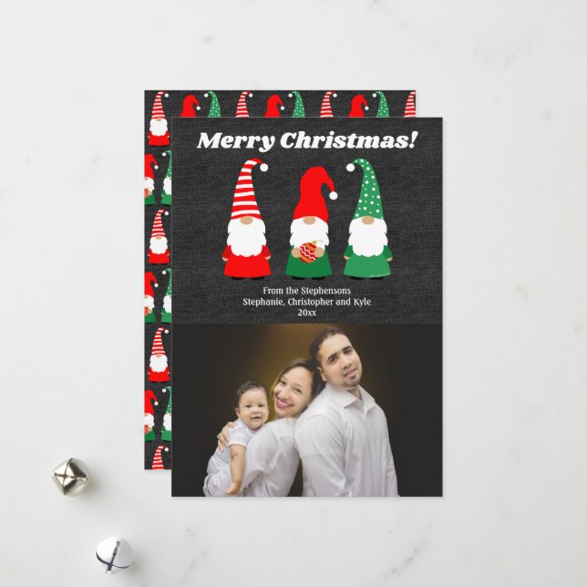 Cartes Pour Fêtes Annuelles Noël Gnomes mignon photo de vacances (Devant/Arrière en situation)