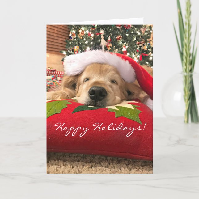 Cartes Pour Fêtes Annuelles Noël Golden Retriever Chien endormi sous arbre (Devant)