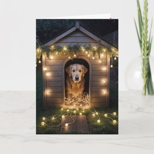 Cartes Pour Fêtes Annuelles Noël Golden Retriever dans une niche (Devant)