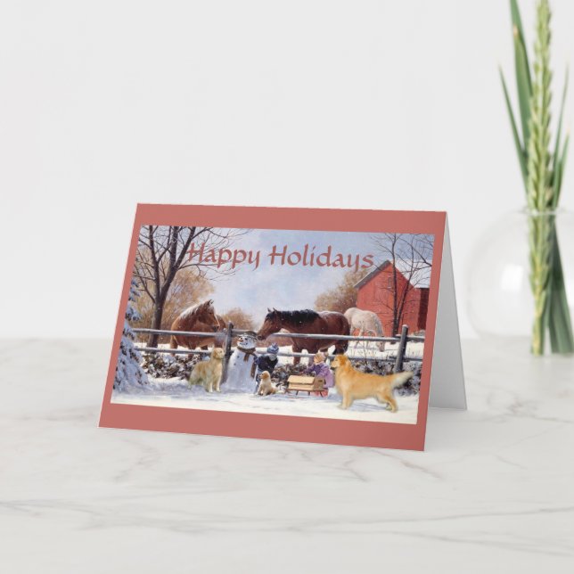 Cartes Pour Fêtes Annuelles Noël Golden Retriever et Chevaux à la ferme (Devant)