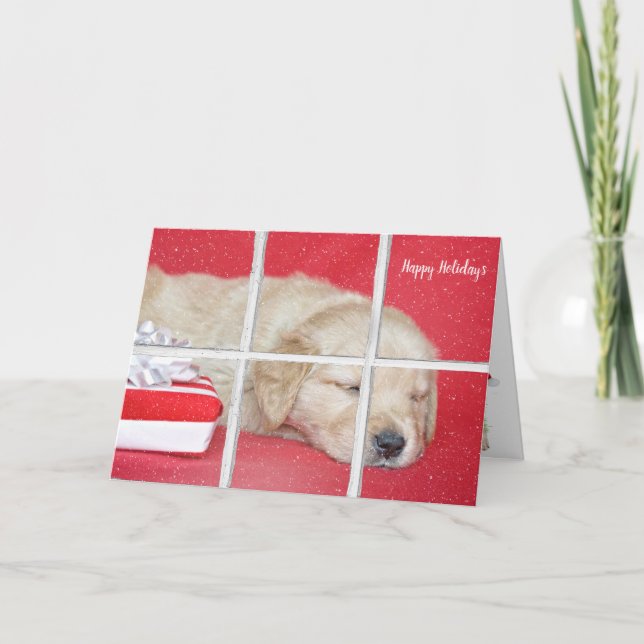 Cartes Pour Fêtes Annuelles Noël Golden Retriever Pup dans la fenêtre (Devant)